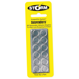 Packaging of Storm SuspenDots with multiple round, metallic adhesive dots visible through a yellow plastic card.