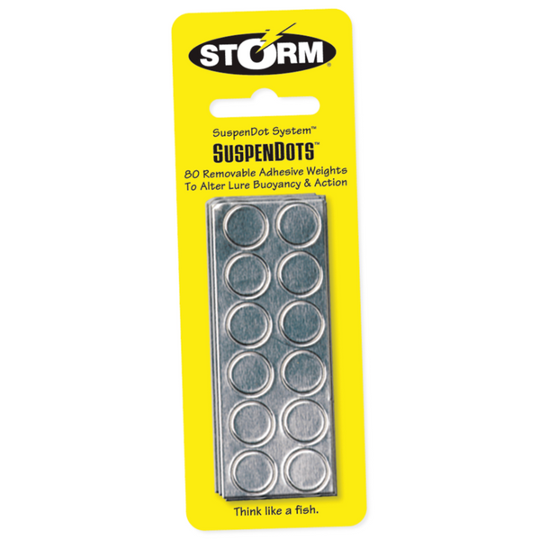Packaging of Storm SuspenDots with multiple round, metallic adhesive dots visible through a yellow plastic card.