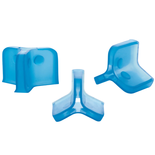 Three Luhr-Jenson Hook Bonnets in red, blue, and green colors, designed to cover the sharp points of fishing hooks for safety.