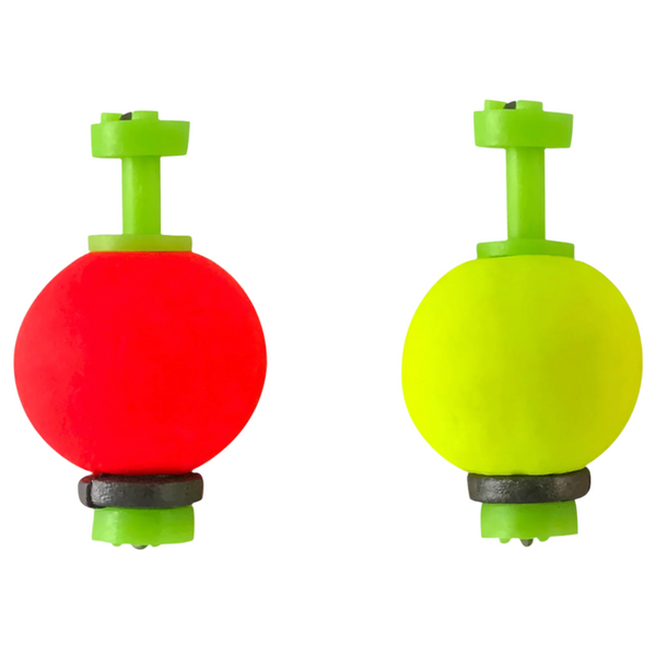 Two fishing floats, one red and one yellow, with green handles on a white background.