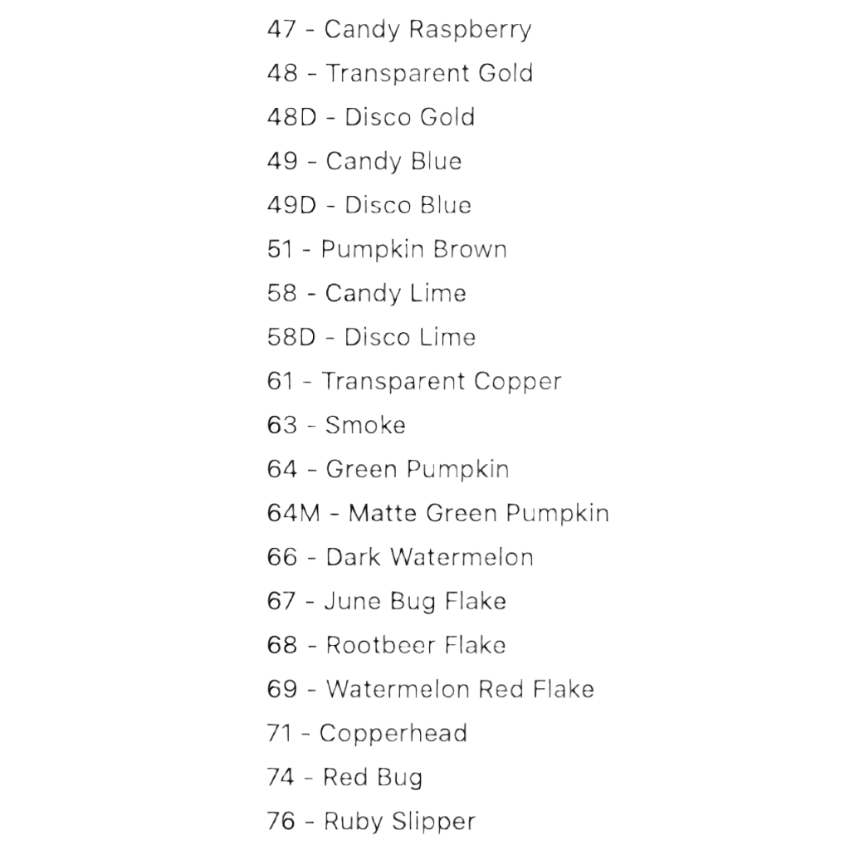 Color swatch chart with various color names on a white background