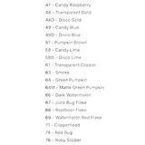 Color swatch chart with various color names on a white background