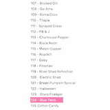 List of fishing lure names with a focus on 'Blue Fleck' in a product selection interface.