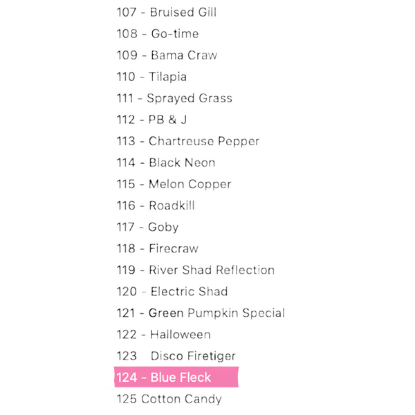 List of fishing lure names with a focus on 'Blue Fleck' in a product selection interface.