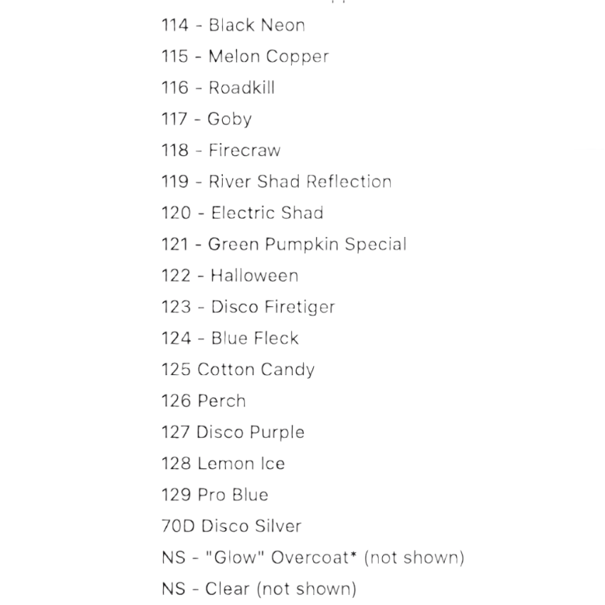 List of color names with a blurred product image on the left