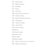 List of color names with a blurred product image on the left