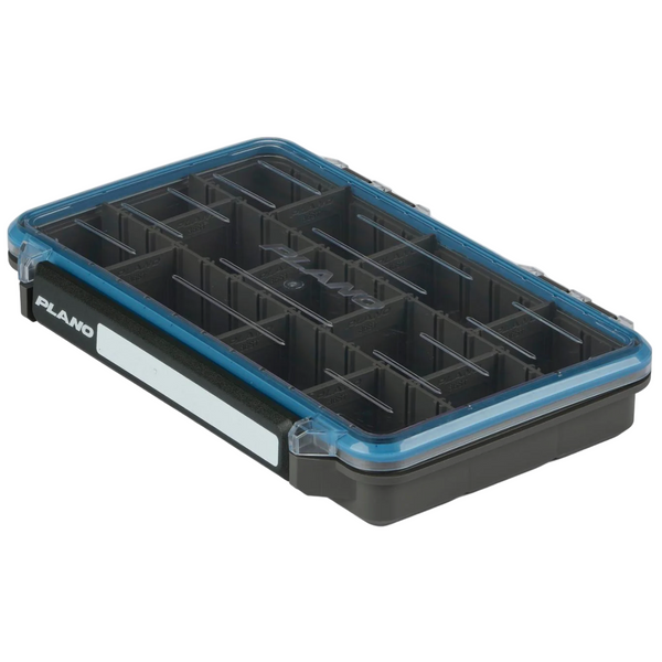 Fishing tackle box with blue lid and black body on a white background
