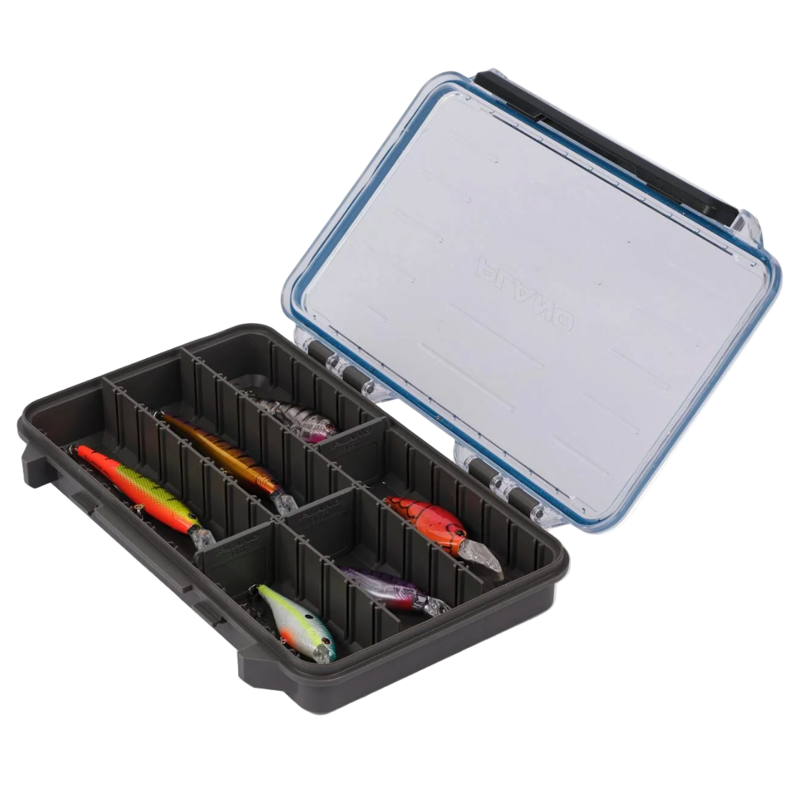 Fishing lure organizer with compartments on a white background