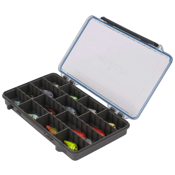 Fishing lure box with open lid on a white background