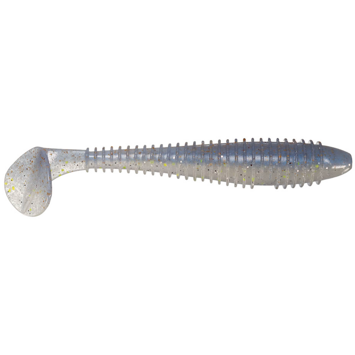 Silicone fishing lure with ribbed body on a white background