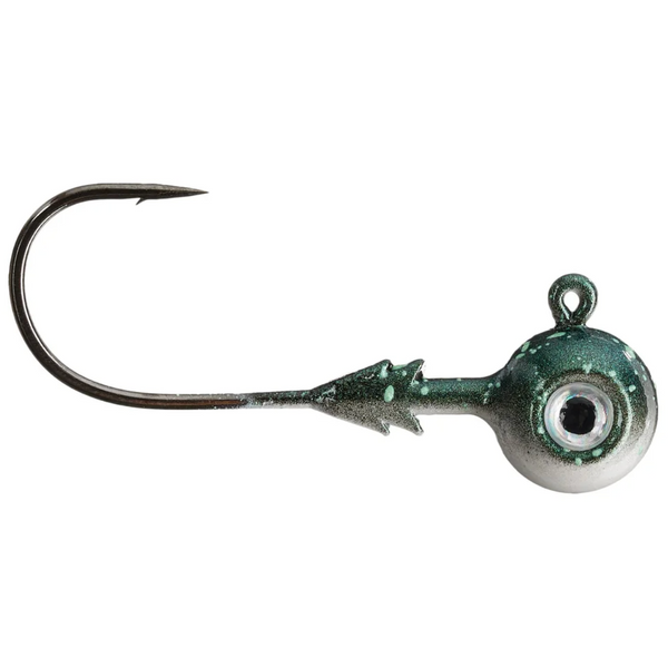 A single VMC Tungsten Neon Moon Eye Jighead with a green and white color scheme, featuring a multi-barbed bait keeper and a 3D-holographic eye.