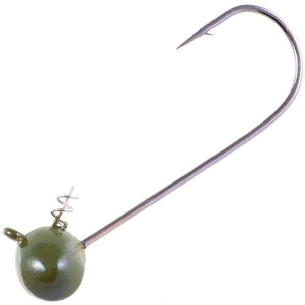 A green football-shaped fishing head with a hook protruding from the top.