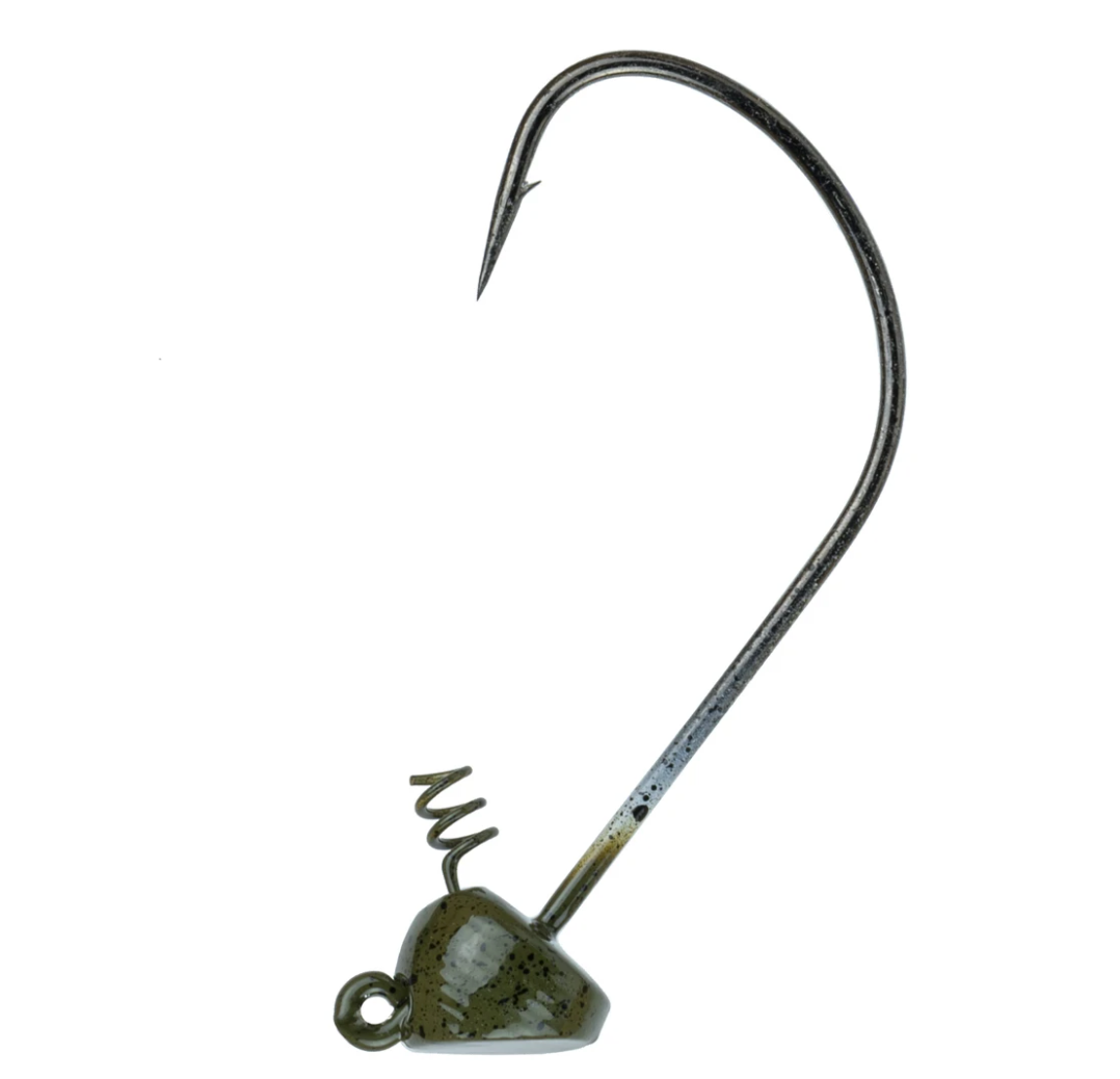 A black fishing hook with a green and yellow head, designed for use with soft plastics.