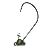 A black fishing hook with a green and yellow head, designed for use with soft plastics.