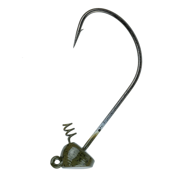 A black fishing hook with a green and yellow head, designed for use with soft plastics.