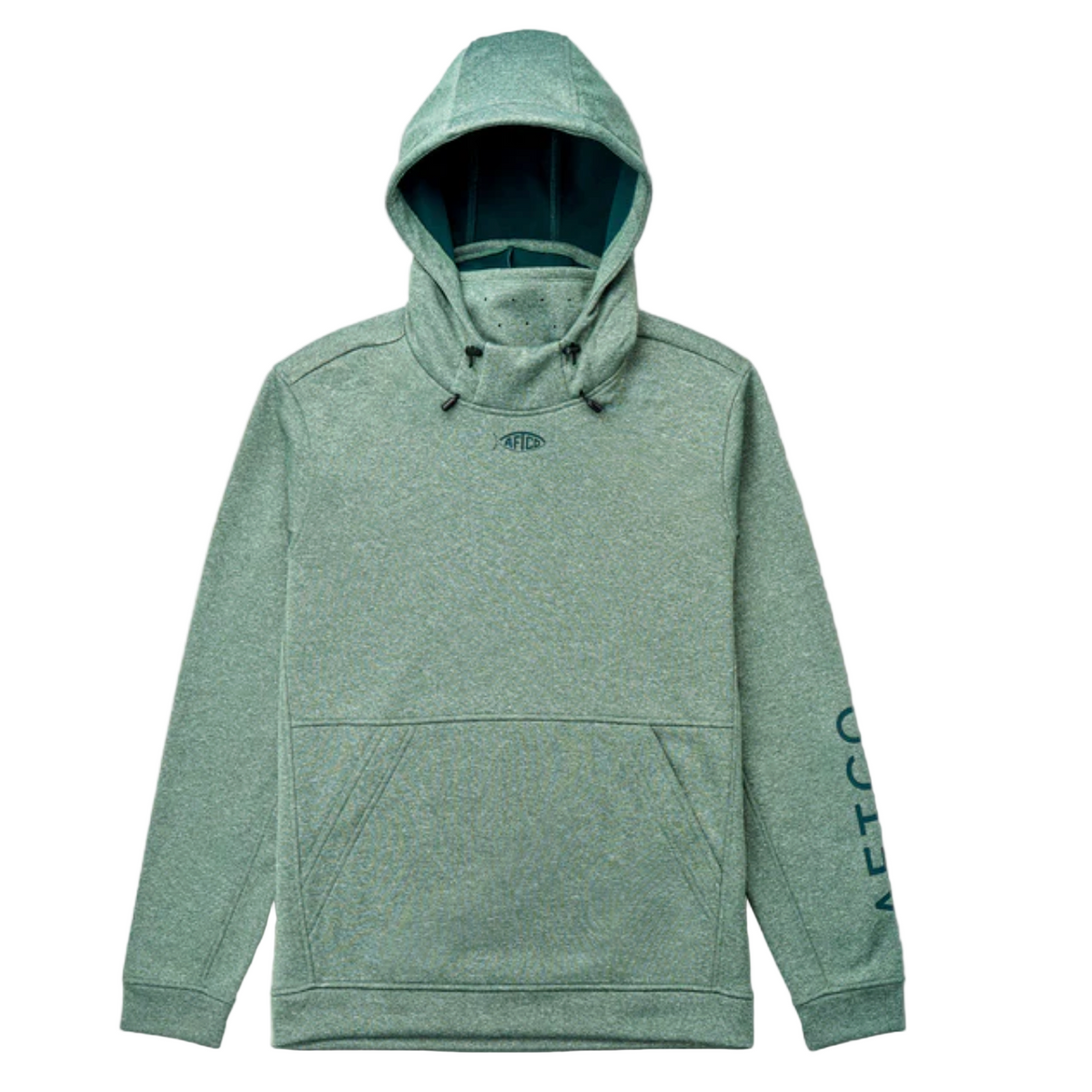 Green hoodie with brand logo on a white background