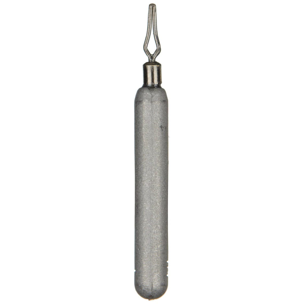 A single gray fishing weight with a barb on one end, against a white background.
