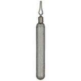 A single gray fishing weight with a barb on one end, against a white background.