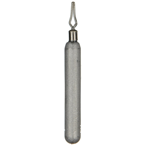 A single gray fishing weight with a barb on one end, against a white background.