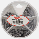 Container of bullet weights with a visible brand label on a white background