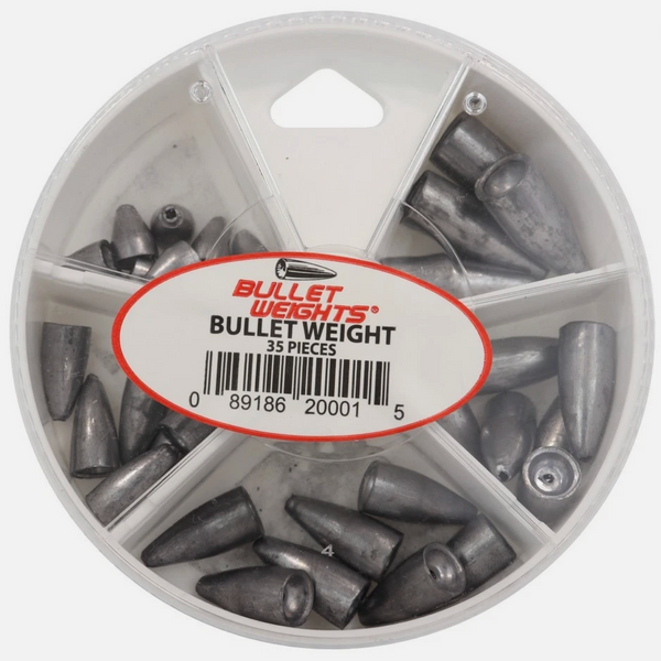 Container of bullet weights with a visible brand label on a white background