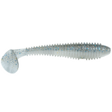 Fishing lure with a white and blue glittery pattern on a white background