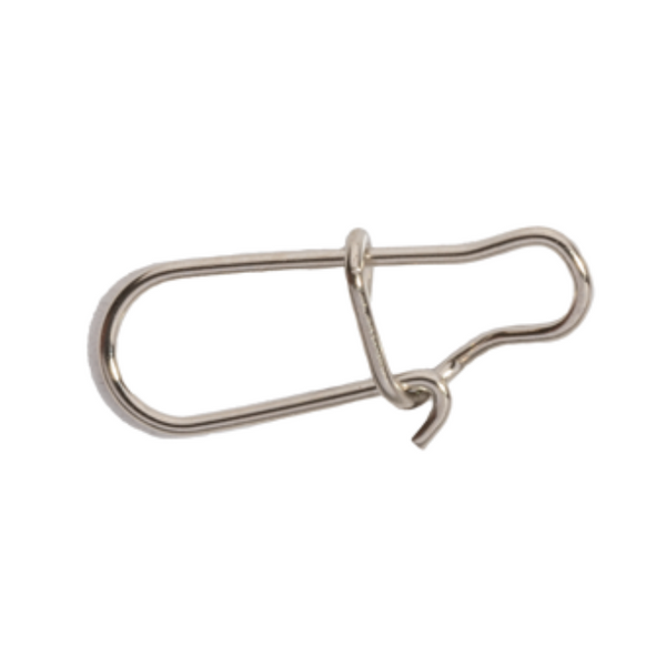 A silver-colored metal fishing snap swivel.