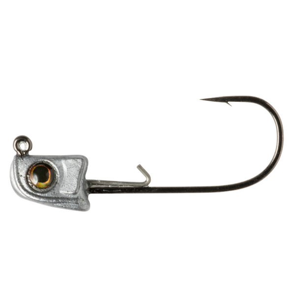 A close-up image of a Sneaky Swimbait Head designed for fishing, showcasing the fine wire Gamakatsu hook and the head's construction with lifelike 3D eyes and a forward line tie placement.