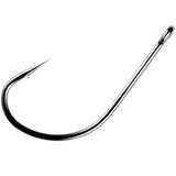 A single silver-colored fishing hook with an offset point and a long shank.