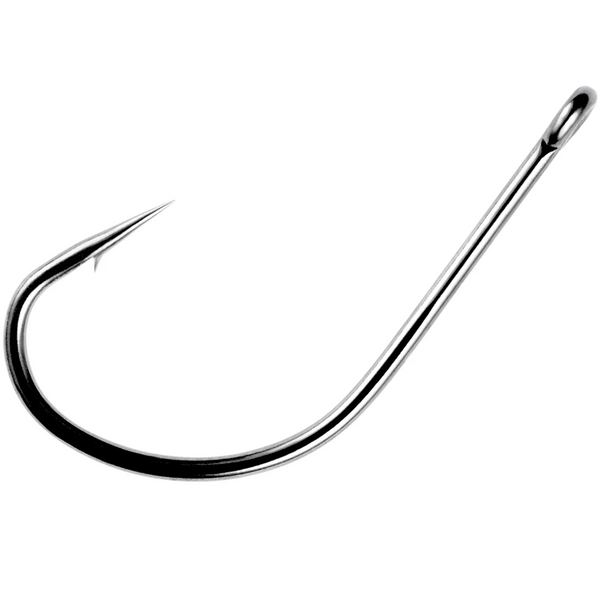 A single silver-colored fishing hook with an offset point and a long shank.