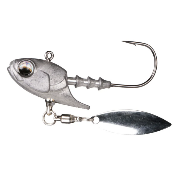 A silver-colored fishing lure with a streamlined head and a spinning blade underneath.