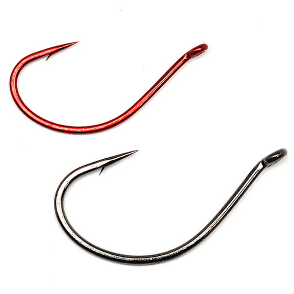TwoGamakatsu fishing hooks, one red and one black, designed for finesse fishing with a special bend for better penetration and fish holding power.