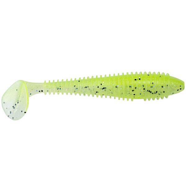 Yellow fishing lure with black speckles on a white background