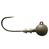 A finesse-sized painted ball head fishing jig with a sharp hook, against a white background.