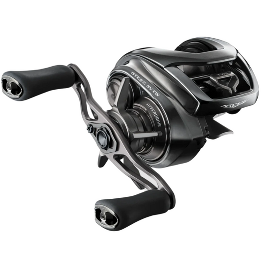 Matte Black fishing reel with "STEEZ SV TW" on side on a white background