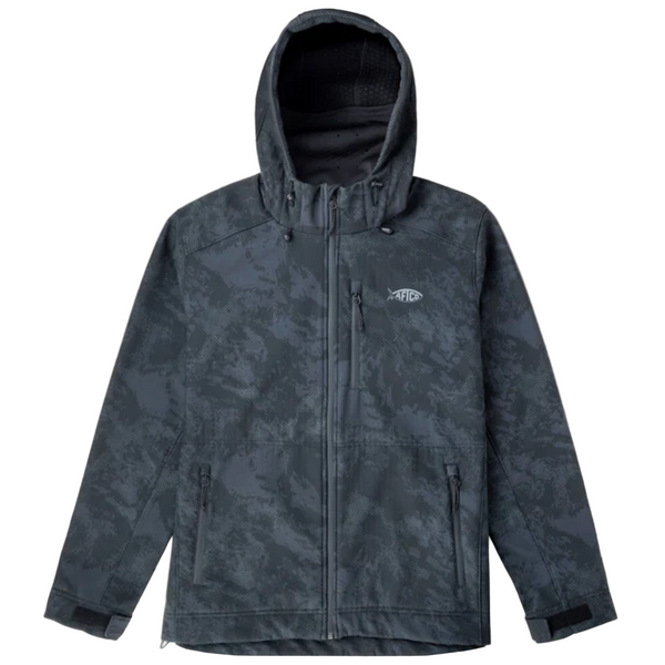 Dark camouflage jacket with a brand logo on a white background