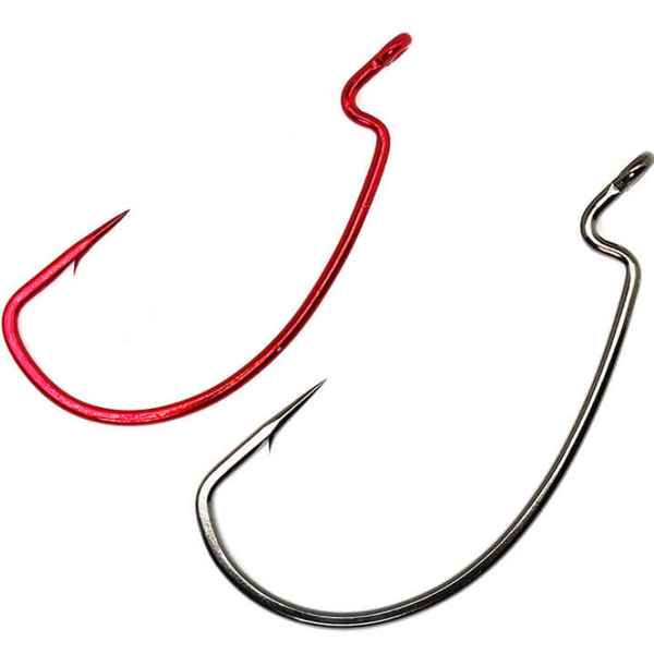 Two curved fishing hooks, one red and one silver, against a white background.