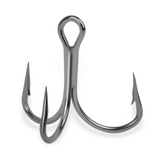 A set of three Mustad KVD Elite Series fishing hooks with a silver finish.