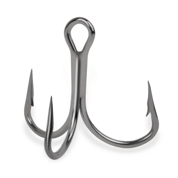A set of three Mustad KVD Elite Series fishing hooks with a silver finish.