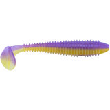 Purple and yellow fishing lure on a white background