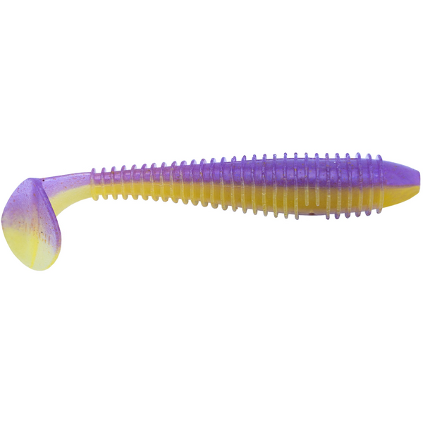 Purple and yellow fishing lure on a white background