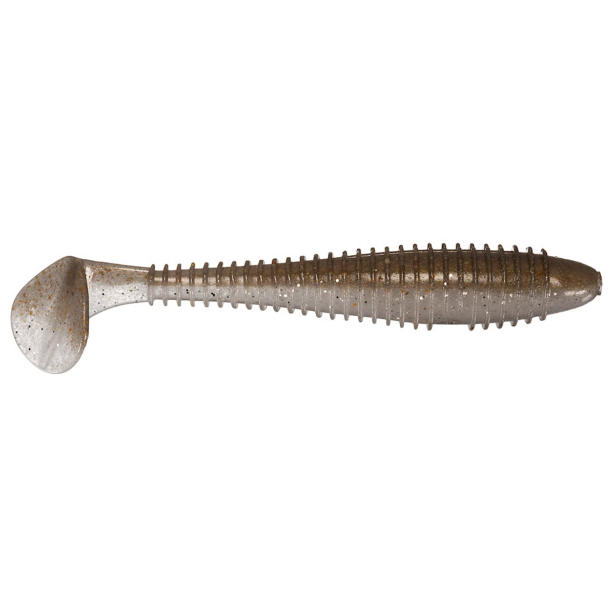 Fishing lure with a metallic finish on a white background