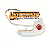 A silver-colored fishing lure with a red and black head featuring the Ledgehead logo.