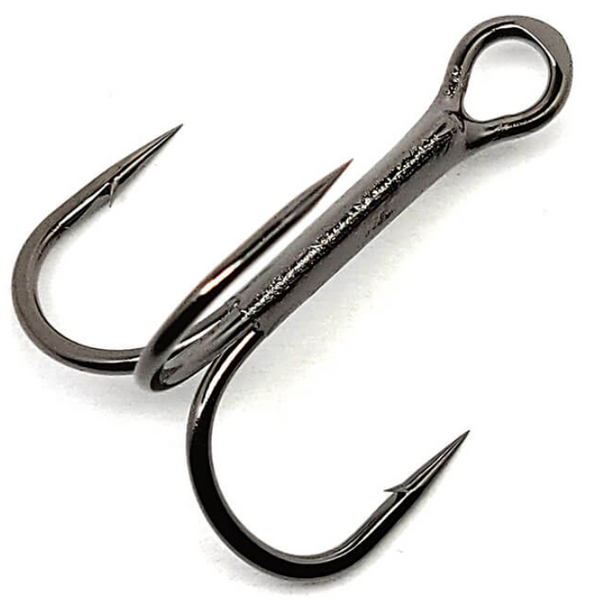 A black Gamakatsu Magic Eye Round Bend Treble fishing hook.