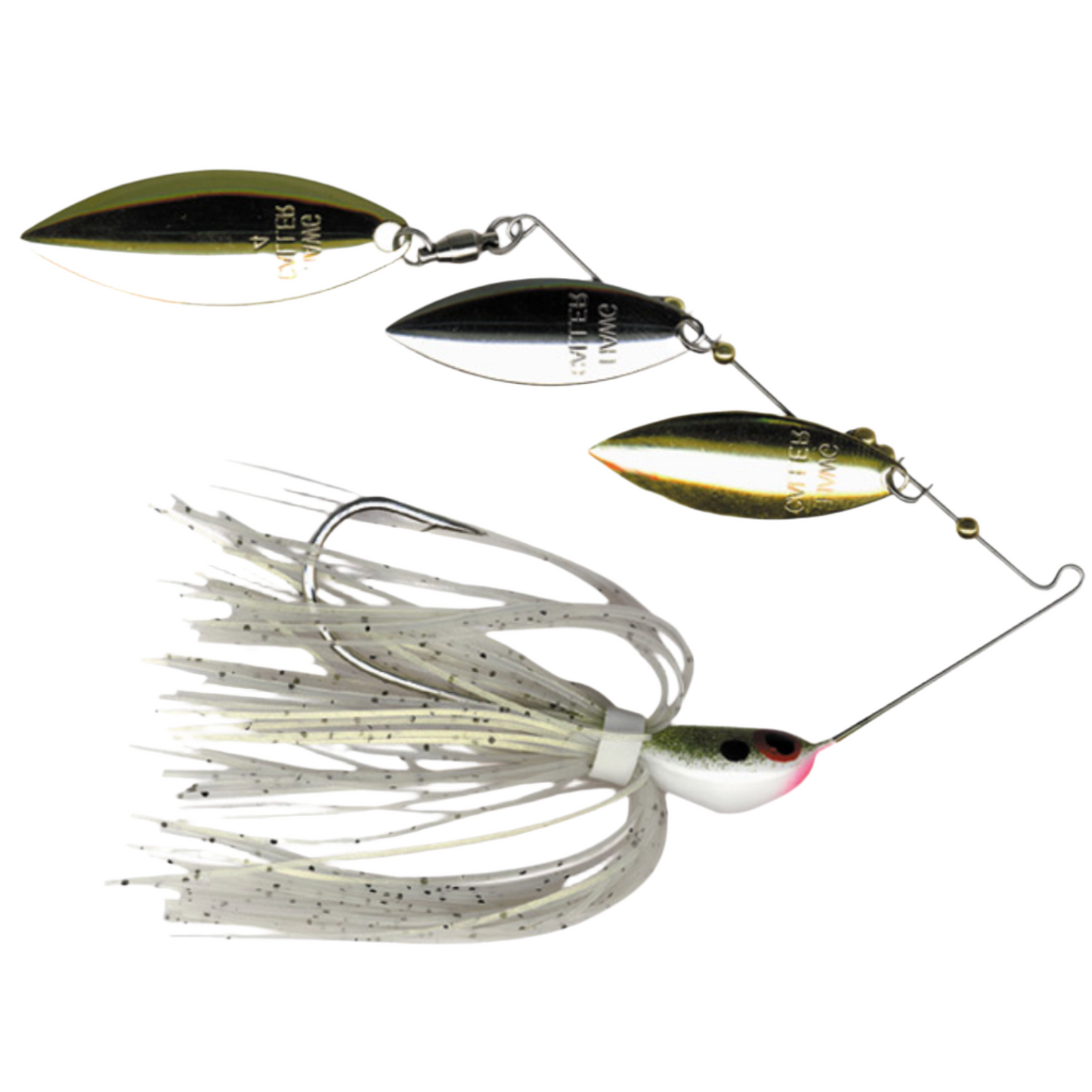Fishing lure with multiple blades and a skirt on a white background