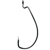 A single black fishing hook against a white background.
