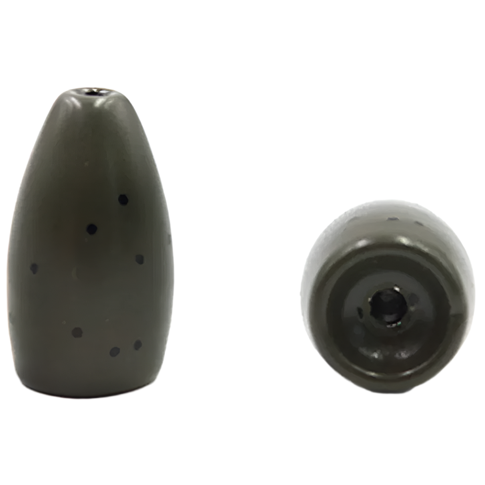 Two olive green fishing sinkers on a white background
