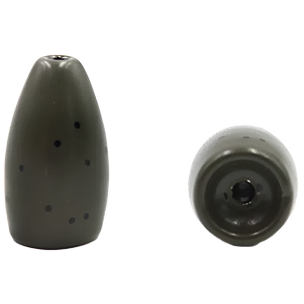 Two olive green fishing sinkers on a white background