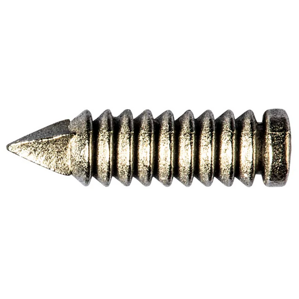 A close-up image of a Tungsten SpikeZ, which is a small, conical ribbed weight used for fishing, showing its textured surface and pointed end.