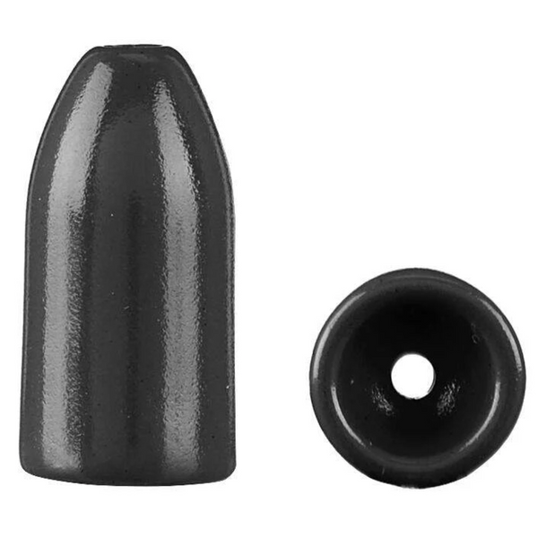 Two black tungsten worm weights, one large and one small, with a solid black color and a coating on the large one.